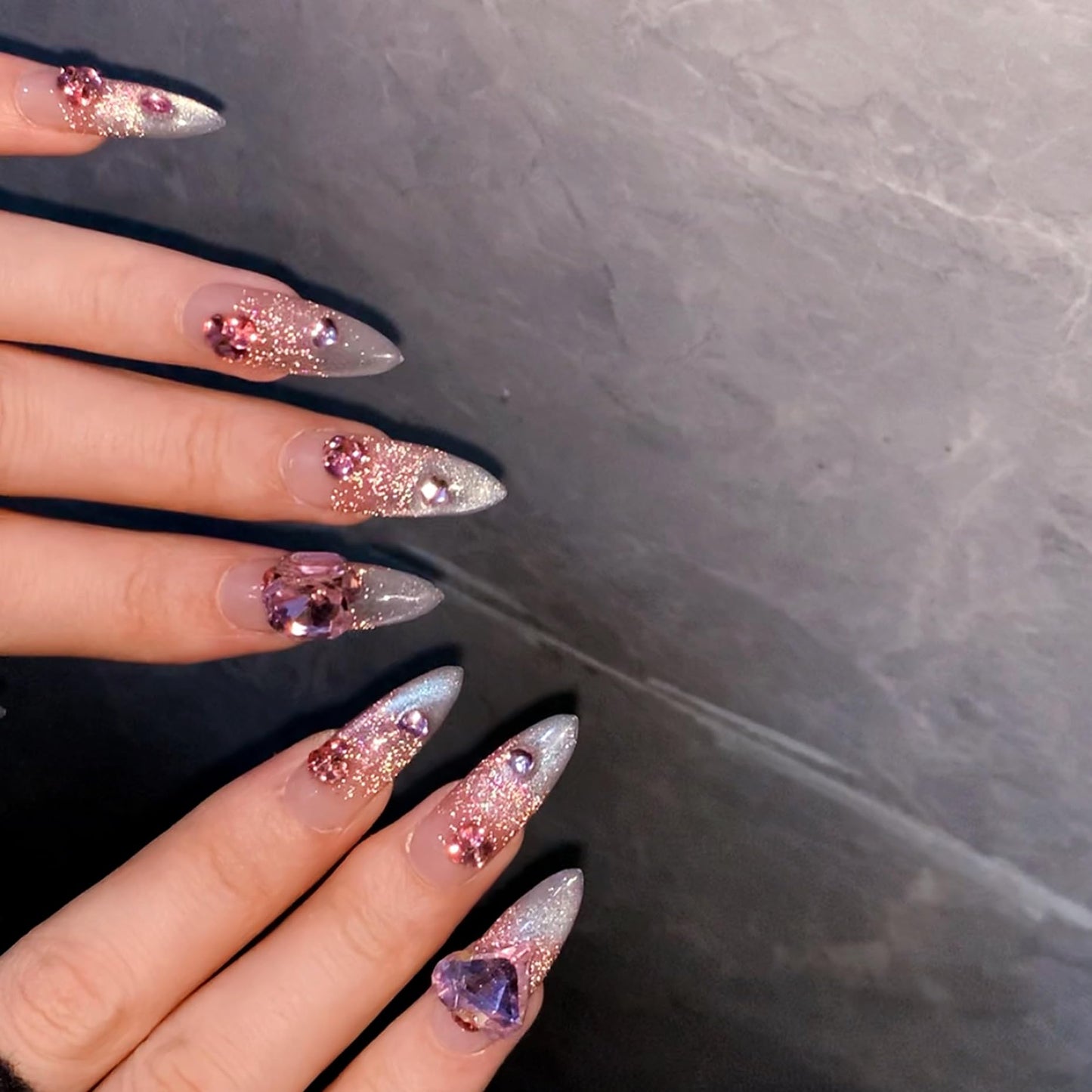 WOMHOPE Press on Nails Handmade Full Cover False Nails with Rhinestone Vintage Flower Aurora Acrylic Nails for Women and Girls 10pcs/Box Long Almond,Coffin (Pink cat's eye, Medium)