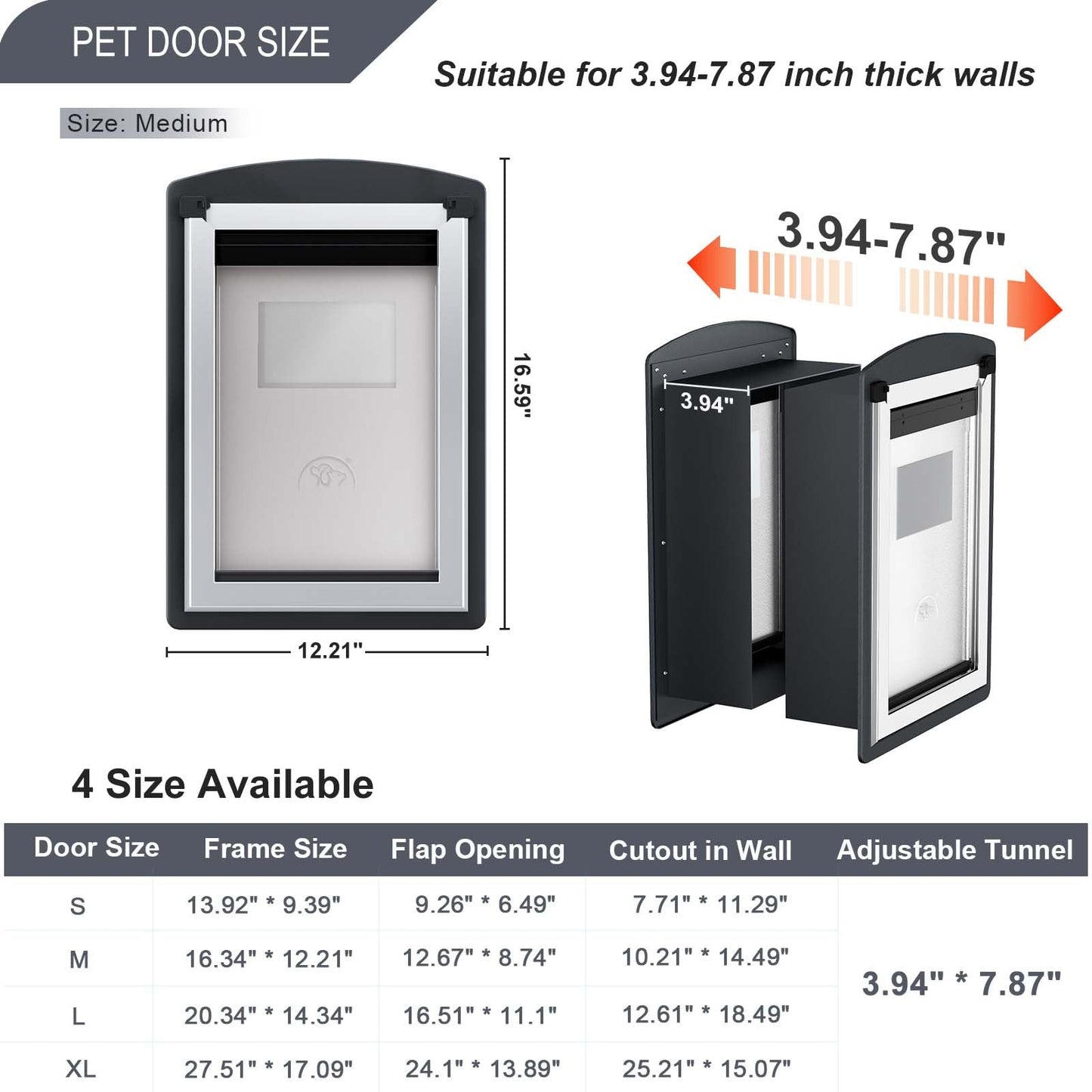 FreeStanding Dog Door for Wall, Steel Frame Doggy Door with Telescoping Tunnel, Double Magnetic Flaps and Double Security Lock Panels, Dog Door for Exterior and Interior Wall, Up to 40lbs, Smoky Gray