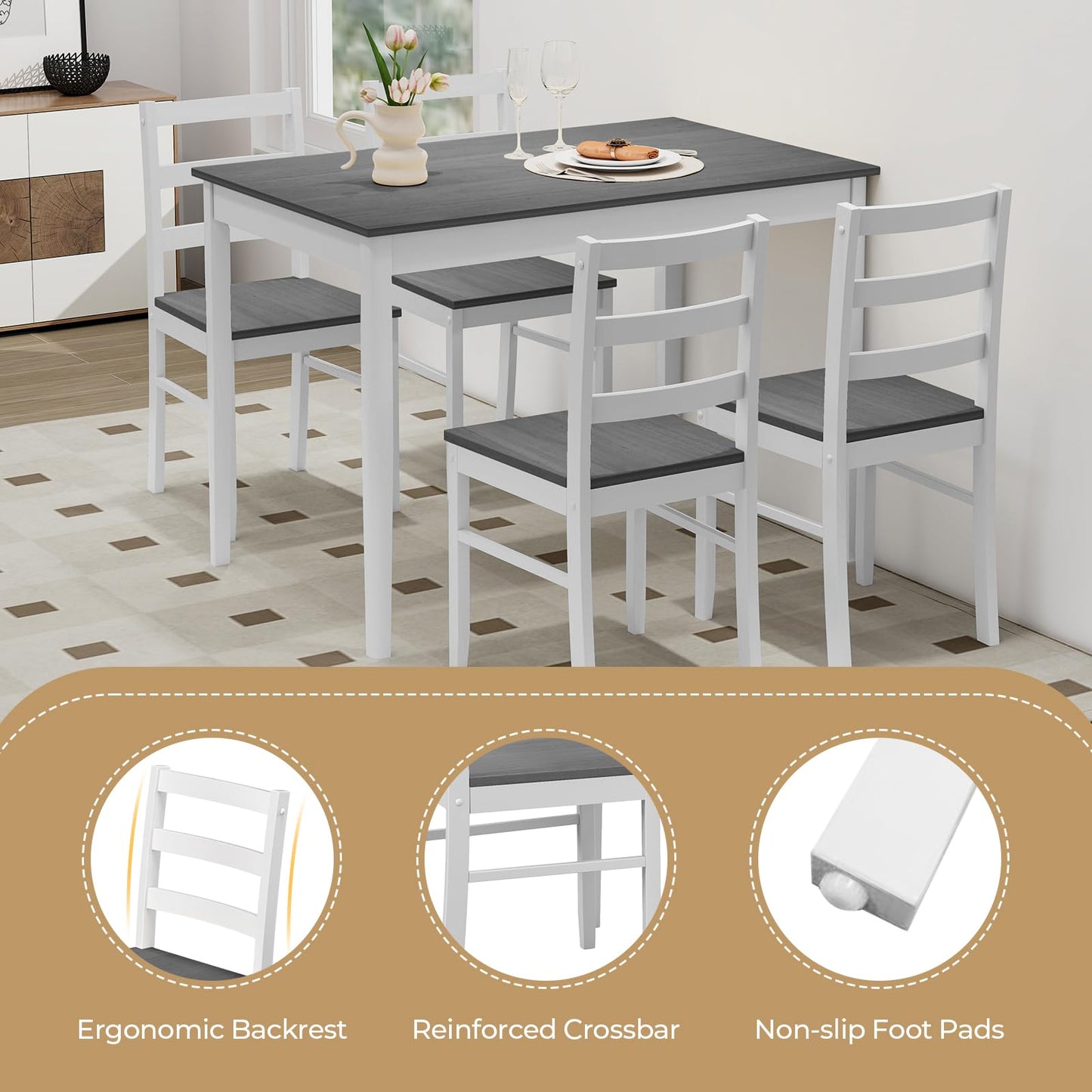 Giantex Dining Table Set with Kitchen Table, Dining Chairs, Compact Space-Saving Dinette Set for Small Space, Breakfast Nook, Dining Room, Kitchen Table Chairs Set for 4 (Grey)