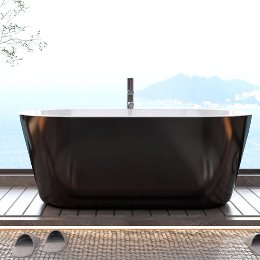 Freestanding Bathtub 59 inch Black and White Acrylic Soaking Tub with Chrome Drain and Overflow, Modern Spa Bath for Bathroom Renovation and Relaxing Home Use