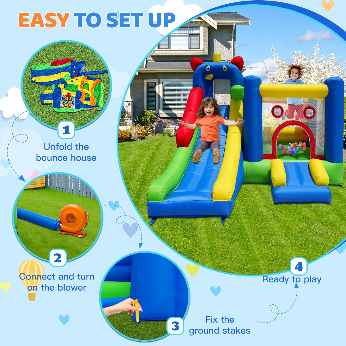 HuaKastro Bounce House - Inflatable Playground with Crossbar Obstacle on Large Bouncy Area, 1x Tall & 1x Small Slide, Giant Dart Board, Climbing Wall - for Indoor Outdoor Kids Party Family Gatherings