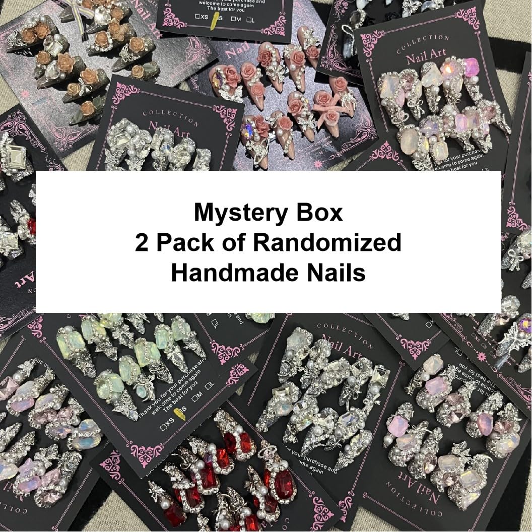 2Packs (20Pcs) Handmade Nails Mystery Box Random Press on Nails 40mm Long Manicure Charms Nails Art Nail Kit for Women Party Holiday Photo Wedding Size M