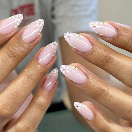 24pcs Pink Press on Nails Short Almond Fake Nails Glossy Full Cover Flower with designs Acrylic Nails Artificial Nails Spring Summer Reusable Floral False Nails Cute Glue on Nails for Women