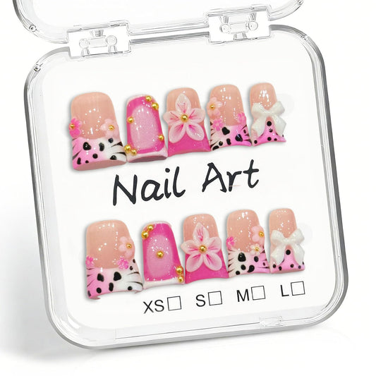 10 Pcs Duck Shaped Handmade Press on Nails Pink French Style with 3D Flower & Bow Designs Multi-Layer Gel Salon Quality False Nails Thick Acrylic Nails Short Stick on Nail for Women (S)