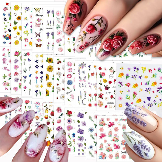 30 Sheets Flower Nail Stickers for Nail Art, 3D Self-Adhesive Wildflower Nail Decals, Sunflower Lavender Spring Nail Supplies Nail Art Design Accessories for Women and Girls Manicure DIY Decoration