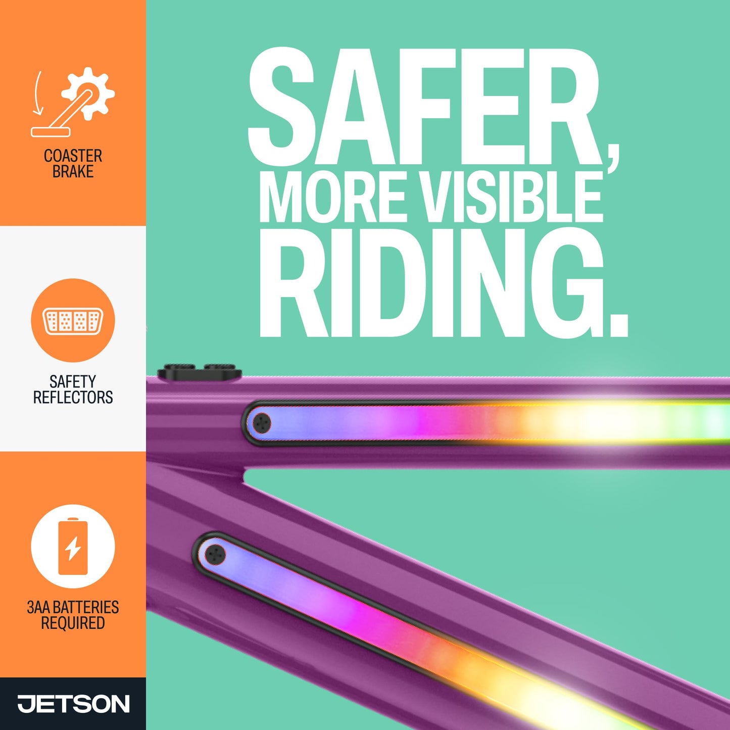 Jetson Light Rider Kids’ Light-up Unisex Bike, LED Light-up Frame, 3 Different Light Modes, Adjustable Seat Height, 12" Rubber Tires, Kinetic Light-Up Training Wheels, Purple, JLRG12-PUR
