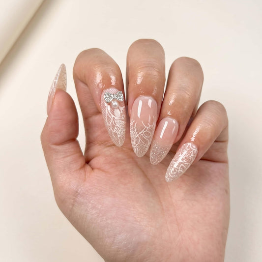 Almond Press on Nails Medium White Fake Nails Lace Print Designs with 3D Rhinestones Bowknot Glue On Nails Cute Acrylic Press on Tips Full Cover Stick on Nail Reusable Manicure for Women 24 Pcs