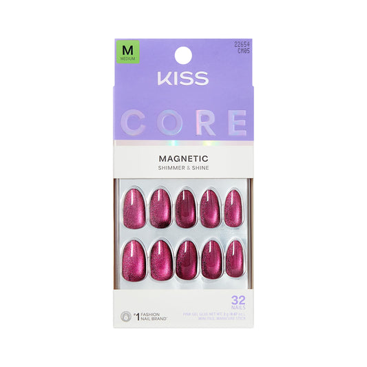 Kiss Core, Press On Nails, Nail glue included, 'Glittering', Purple, Medium Size, Almond Shape, Includes 32 Nails, 2g Glue, 1 Manicure Stick, 1 Mini File