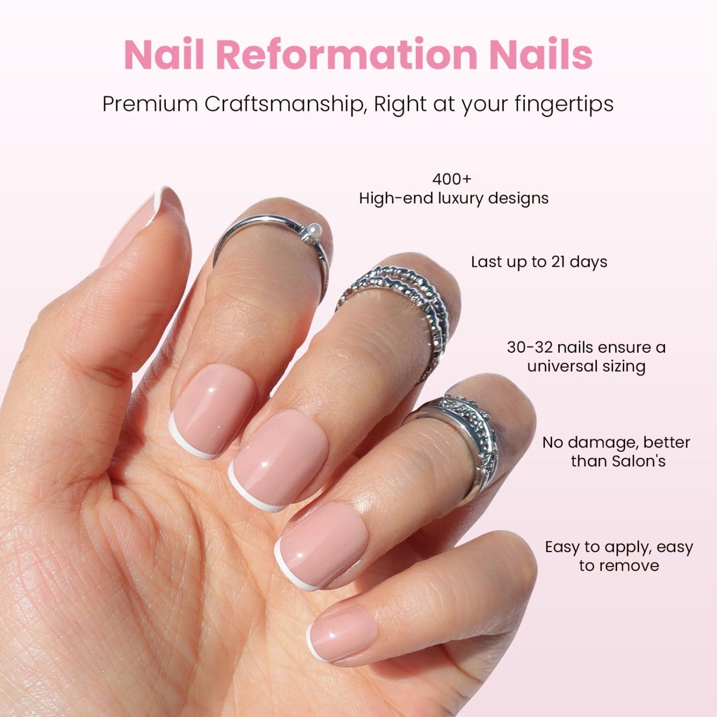 Nail Reformation Press On Nails, She’s a Natural | Short Square Fake Nails in White French Tip on Nude Base in a Glossy Finish, Reusable Stick On Nails in 15 Sizes - 30 False Nail Kit for Women Gifts