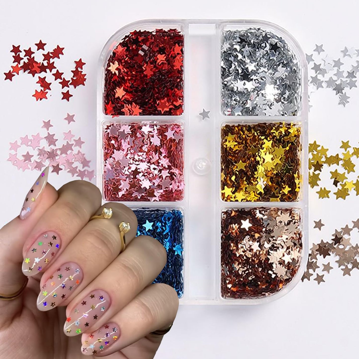 Stars Nail Art Glitter Sequins - 6Grid 3D Sparkly Five-Pointed Star Nail Flakes Designs, Holographic Star Nail Glitters for Nails Supplies Star Nail Flake for Independence Day DIY Crafts Holiday Party