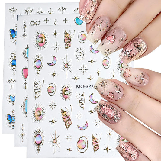 Metallic Nail Stickers 3pcs Fashion Gold Bronzing Love Heart Moon Star Butterfly Bow Totem Designs,5D Luxury Nail Decals Relief Nails Adhesive Slider Manicure Salon Party Wedding DIY Decor for Women