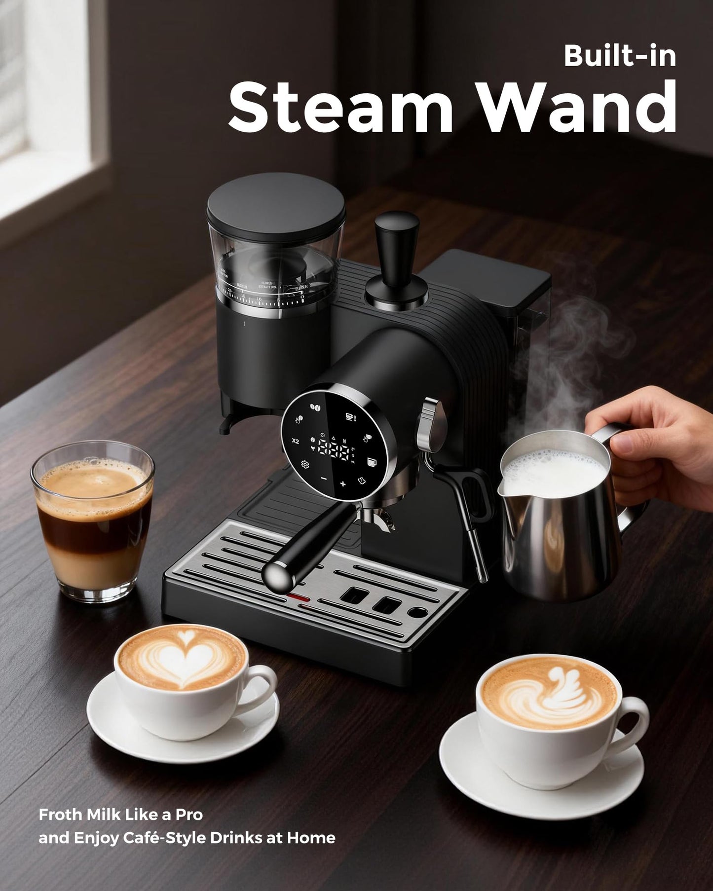 avigator 20 Bar Espresso Machine | LED Screen Touch Control | 6 Level Adjustable Grinder | Drip Coffee & Cold Brew, Milk Frother, Assisted Tamper & Built-In Accessory Storage Box | 50oz Tank