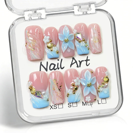 10 Pcs Handmade Press on Nails Medium Square Fake Nails with Blue 3D Flower Pearl Shell French Tip Design False Nails Pink Acrylic M Size Press Ons Nails Square for Women Nail Art