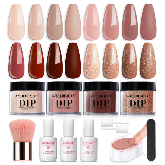 AZUREBEAUTY Dip Powder Nail Kit Starter, 4 Colors Skin Nude Brown Glitter, Dipping Powder Liquid Set with Base/Top Coat Activator for Daily French Nail Art Manicure DIY Gift 12 Pcs