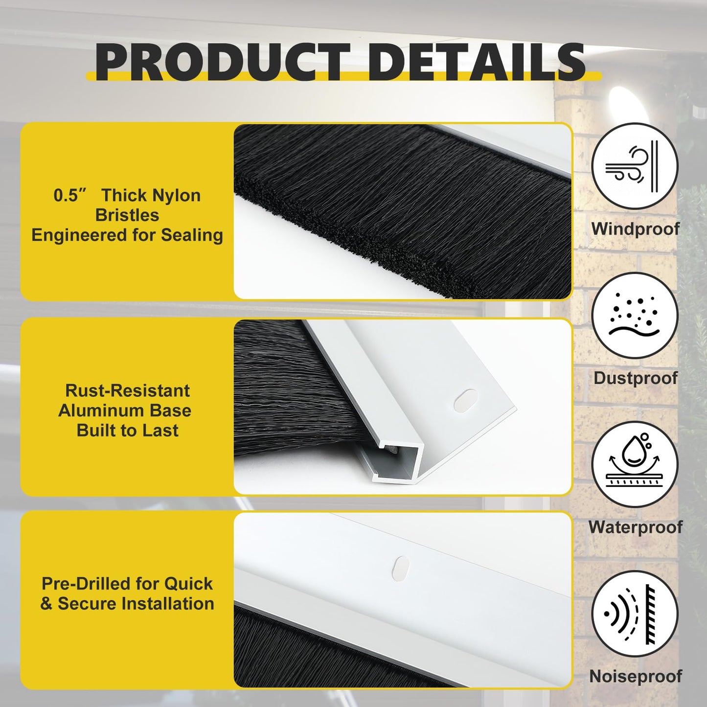 DoubleFill 12 x 12 ft Garage Door Brush Seal Kit, 3 Inch Roll up Door Seal with Aluminum Track, Heavy Duty Nylon Brush for Commercial Doors, Warehouse Barn, Energy Saving, Pest Proof, Black