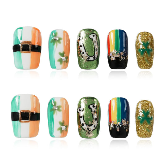 Tesytto Medium Square Press on Nails - Irish Flag Green White Orange Nails with Lucky Shamrock & Belt Design, Rainbow & 3D Gold Glitter Spring Summer Fake Nails (Size M)