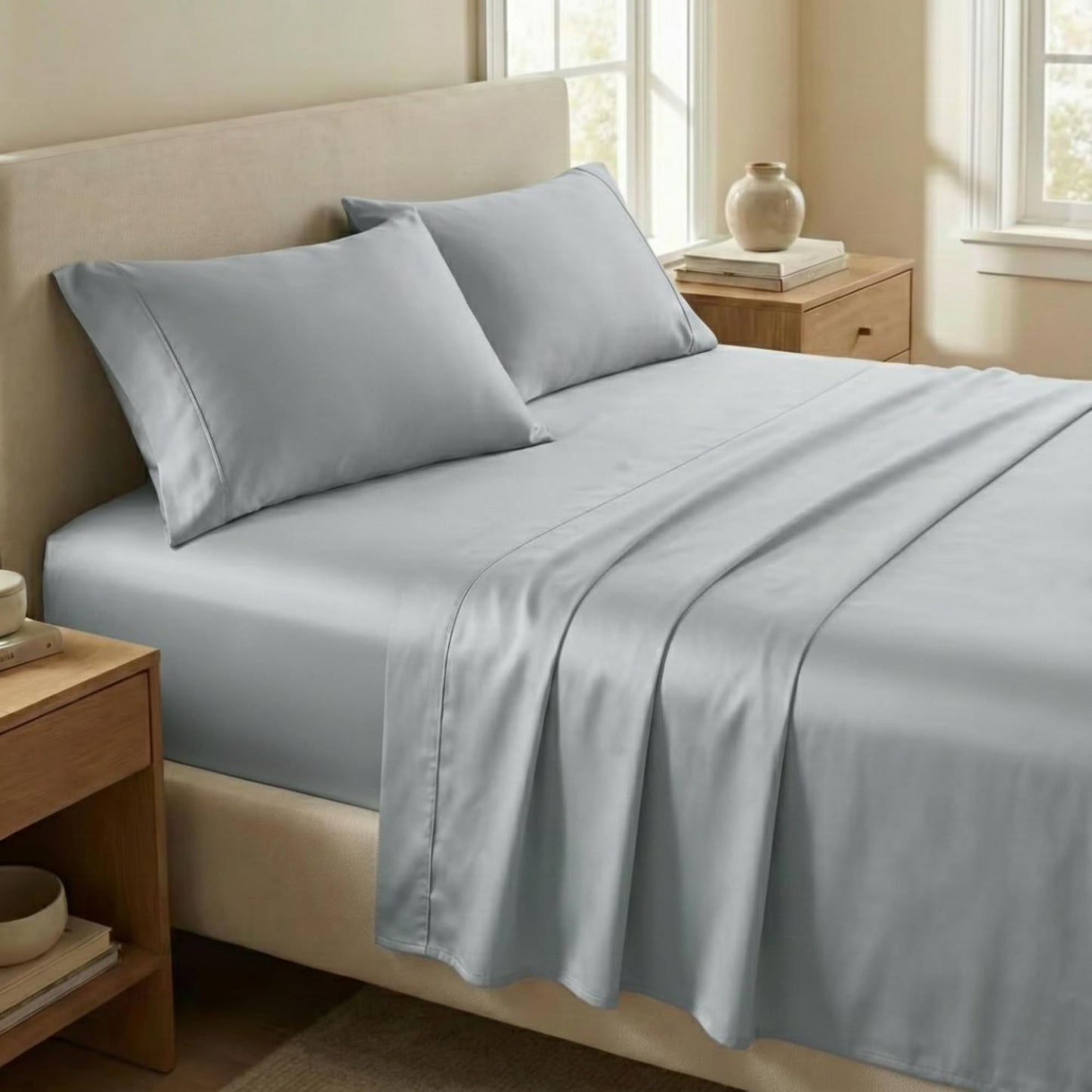 Beckham Hotel Collection Down Alternative Pillows & Cotton Sheets 4 Piece Set, 16" Deep Pocket, 2 Open End Pillowcases, Queen, Gray