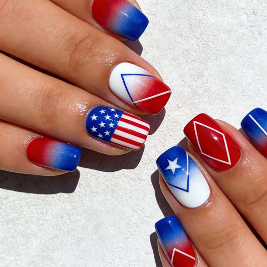 4th of July Press on Nails Glossy Blue Ombre Glue on Artificial Fingernails American Flag Fake Nails 24 Pcs Independence Day Acrylic False Nail HZJXRT Medium Square Stick on Nail for Women Gift