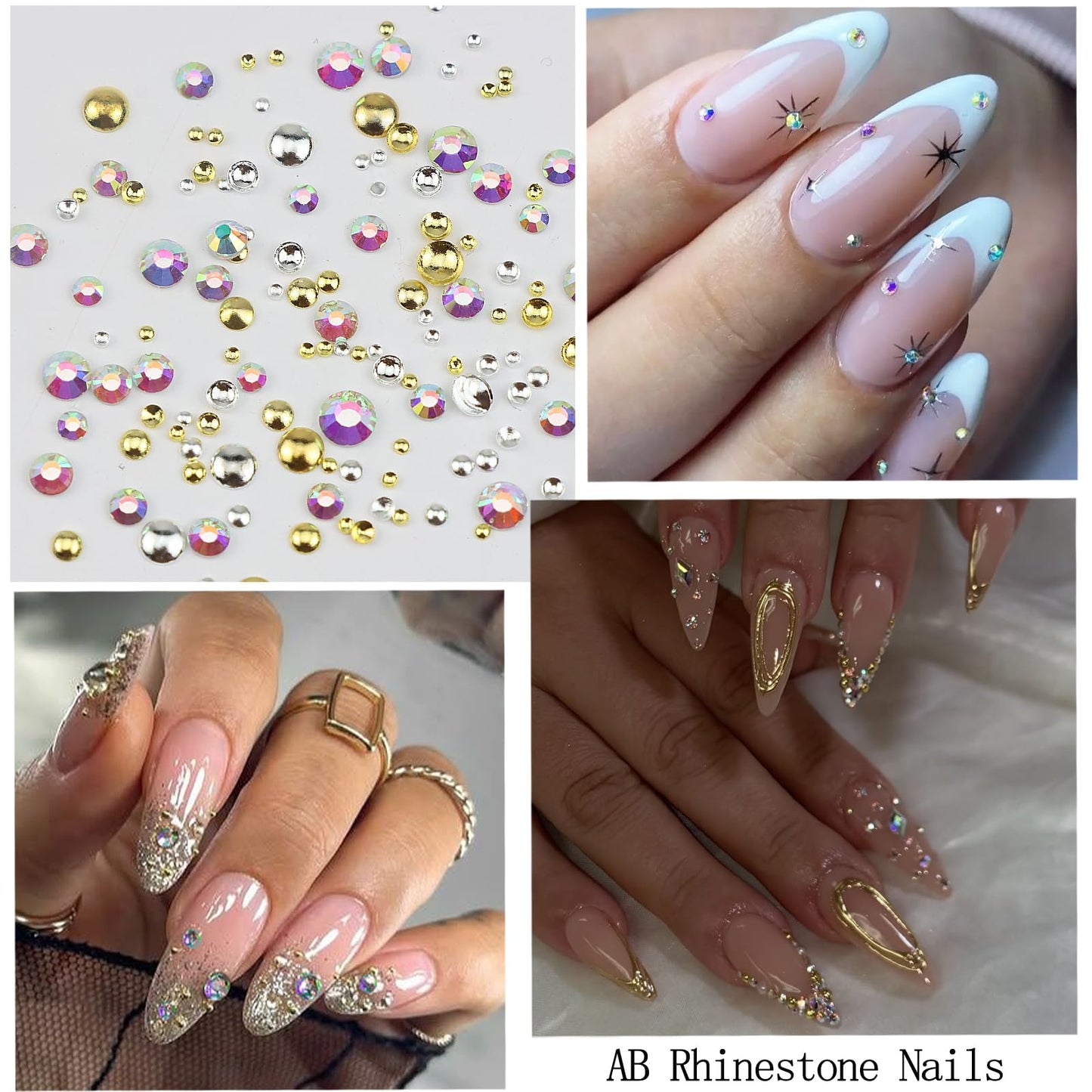 SEMATA Transparent Nail Rhinestones Charms Flatback AB Nail Gems Rhinestones Diamonds Mixed Size Nails Art Charms Stone Half Round Gold Silver Nails Art Accessories Decoration Design for Women