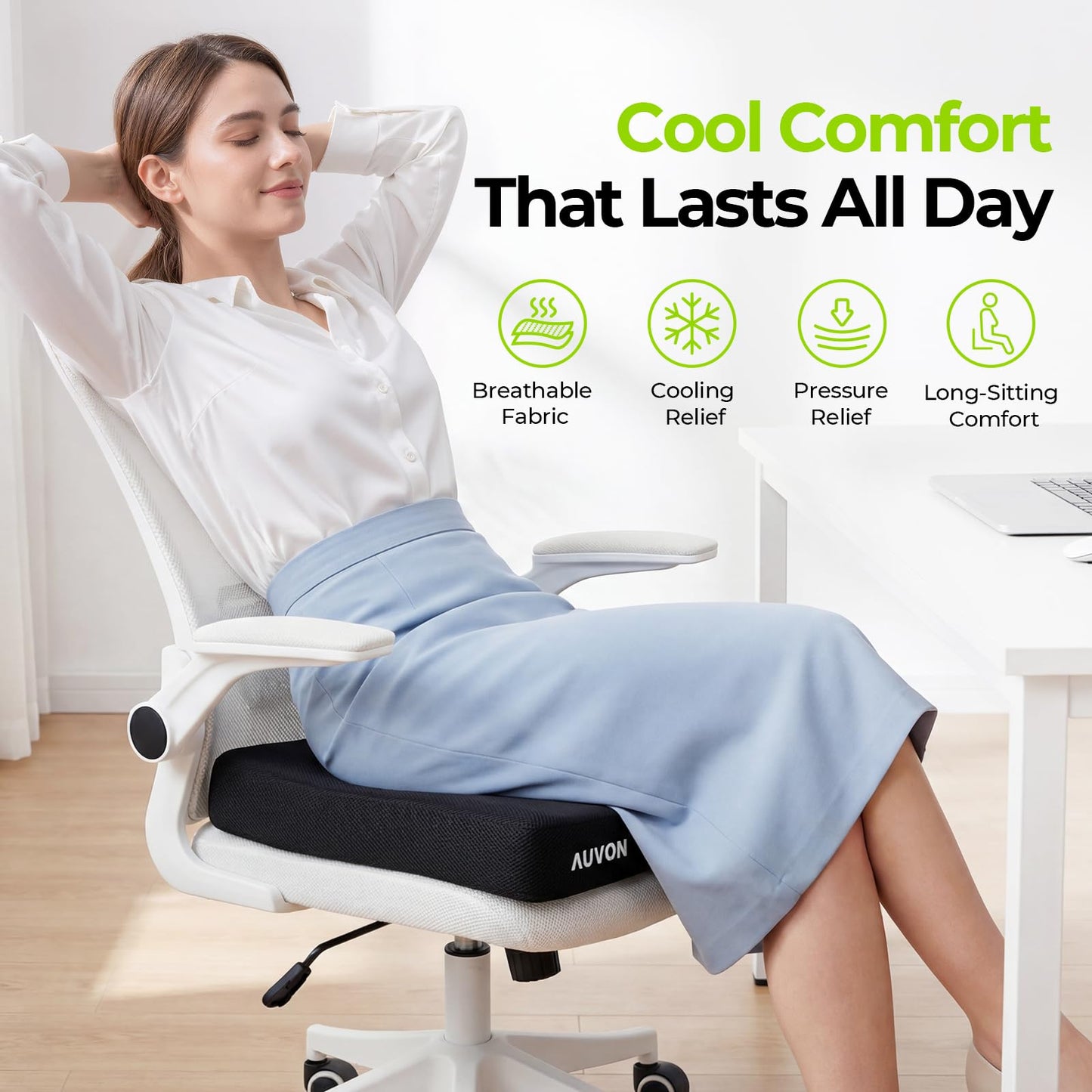 AUVON Cooling Gel Wheelchair Seat Cushion for Sciatica, Back, Pressure Sore and Ulcer Pain Relief, Breathable Memory Foam Chair Cushion with Waterproof Silk Fabric, Removable Strap, Anti-Slip Cover