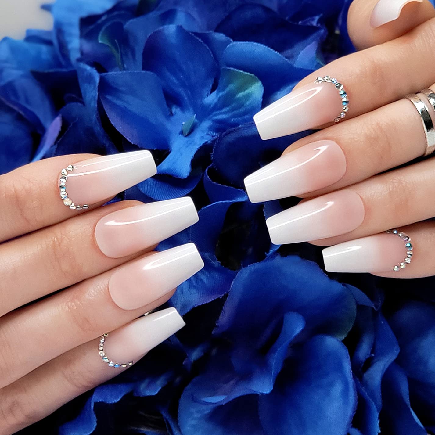 Hypnaughty 24 Pcs Rhinestone Luxury Coffin Press on Nails with Design and Glue Long Fake Nails Nude and White Ombre with Rhinestones Glossy Glue On False Nails (Rhinestone)