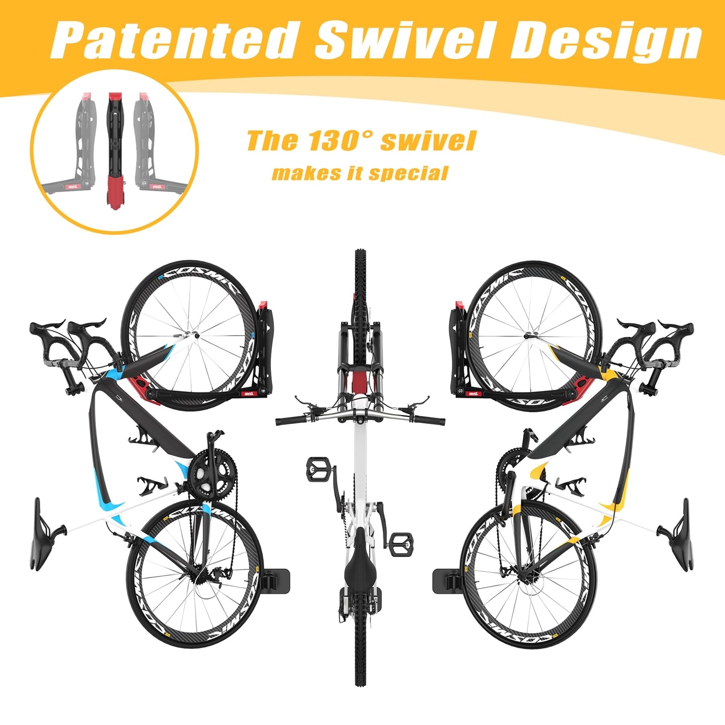 TORACK BIKEPAL Space Saving Wall Mounted Swivel Bike Racks, Vertical Bike Wall Hangers for Garage Storage Solution (2 Pack)