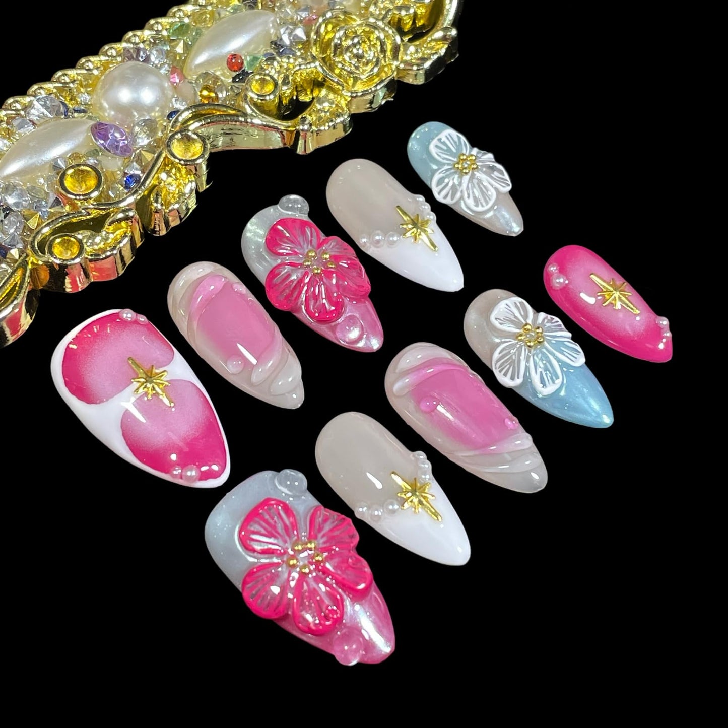 Handmade Press On Nails, Medium Almond Shape, Cherry Blossom Design with Gold Stars, Pearl Accents, Pink Blue Nude Colors, 3D Floral Reusable Acrylic False Nails (Bouquet lace, M)
