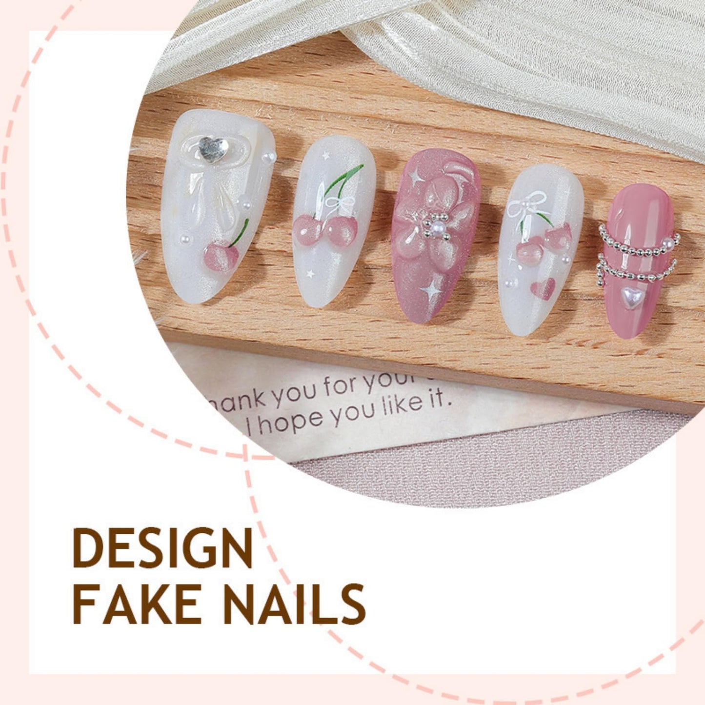Medium Almond Press on Nails for Women,Cute Cherry & Bow,Fake Nails Artificial Stick on Nails