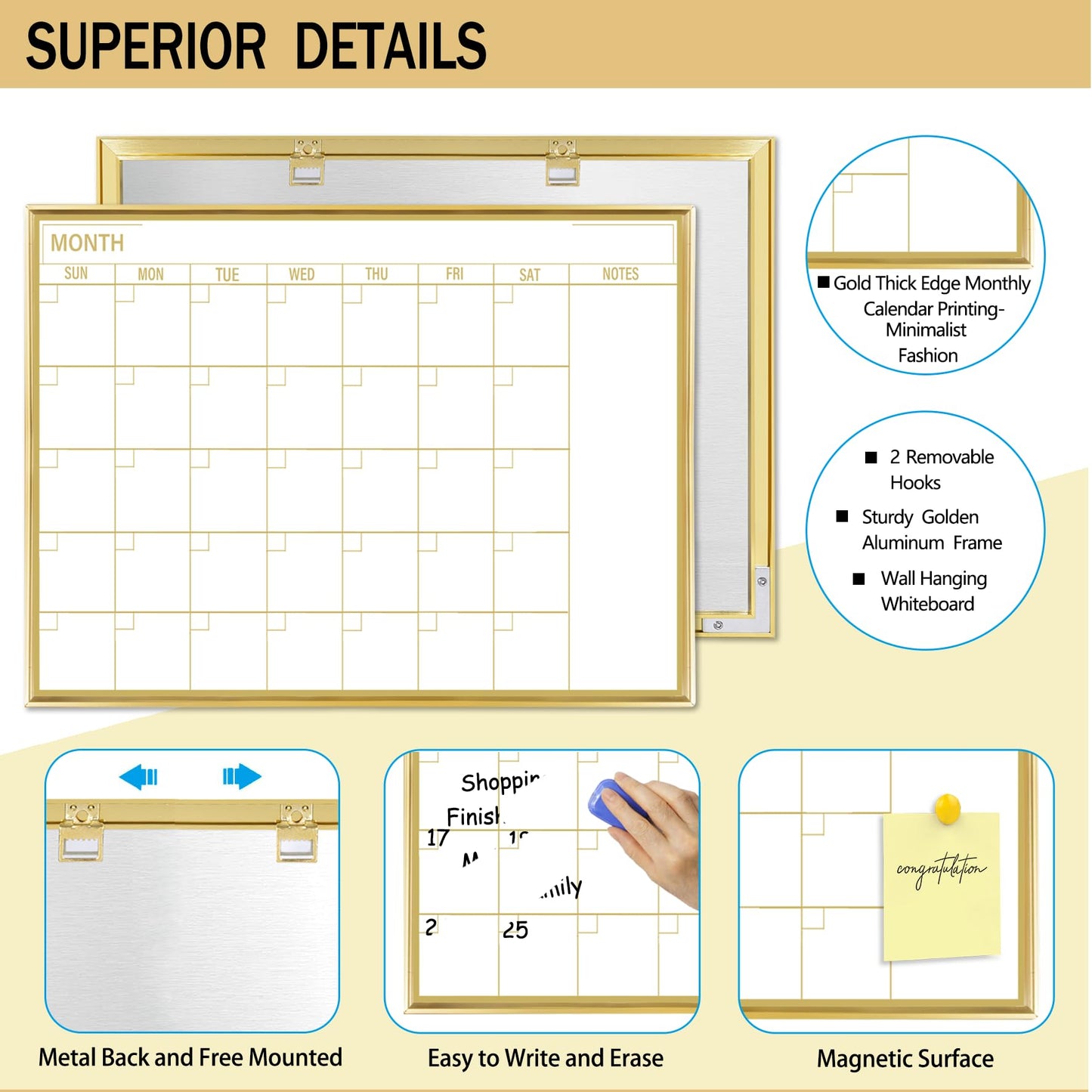 Marribol Golden Monthly Dry Erase Calendar Whiteboard for wall-16"X12" Portable Aluminum Frame,Magnetic Calendar White Board,Wall Planner Dry Erase Board for Office, Kitchen, School, Home-GG