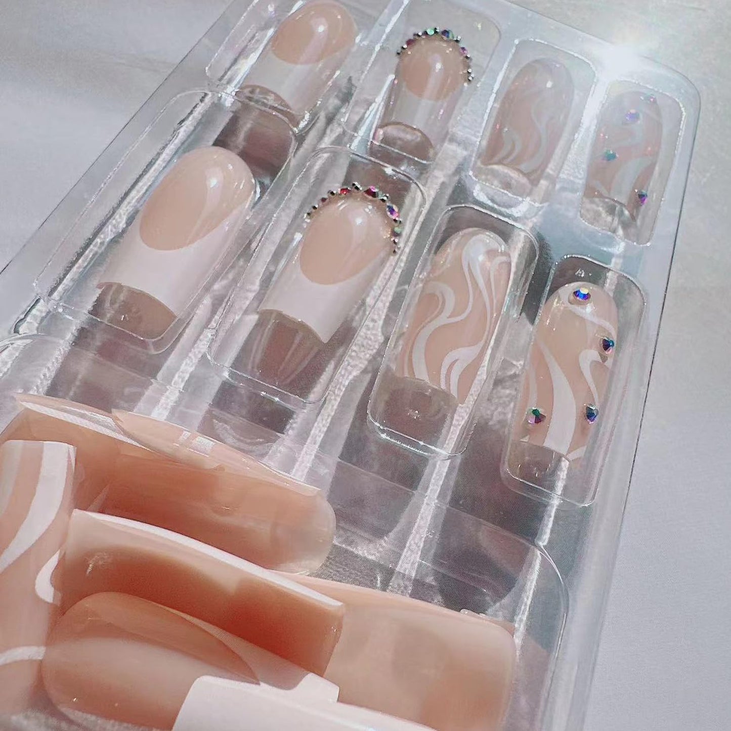 Medium Long Press on Nails White French Tip Fake Nails Square Medium Length Rhinestone Pink Designs Glitter V-shaped French False Nail Tips Artificial Nails Finger Manicure for Women and Girls-24pcs