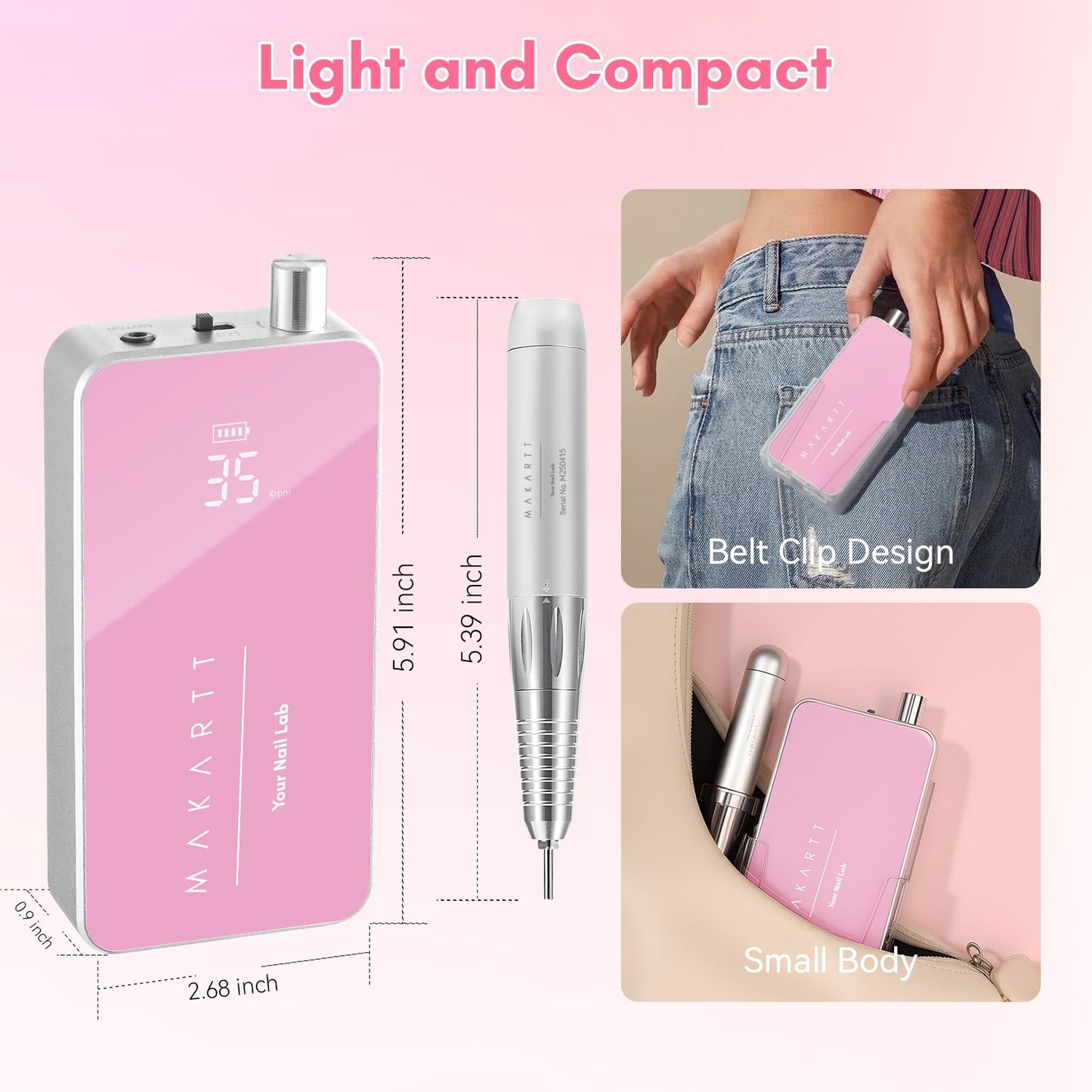 Makartt Nail Drill Professional, 35,000RPM Rechargeable Electric Nail File for Acrylic & Gel Removal, 60W Brushless Motor, 2-in-1 Desktop & Portable, LCD Display, for Home & Salon Use, Nouvella Pink