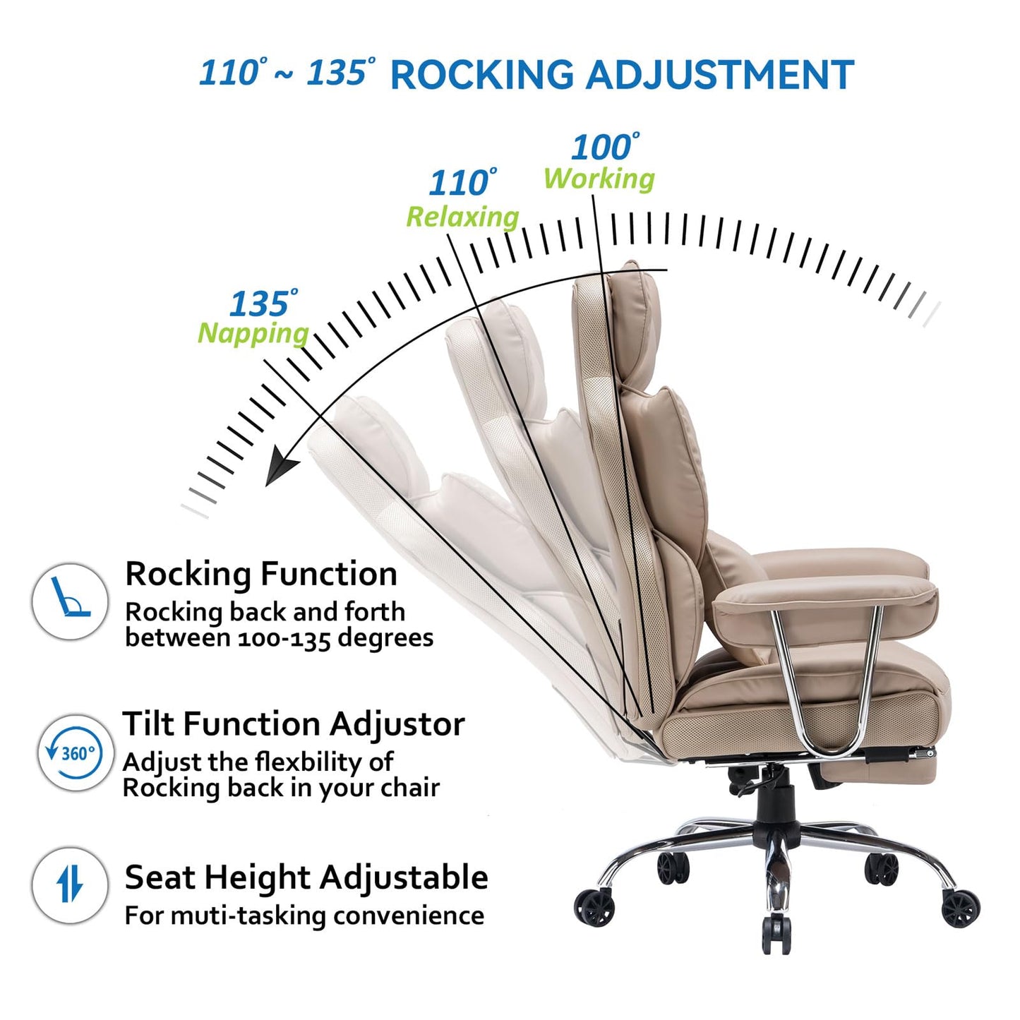 Efomao Big and Tall Office Chair 400lbs – PU Leather Executive Office Chair with Lumbar Support & Leg Rest, Heavy-Duty Computer Chair for Home Office, Dark Beige