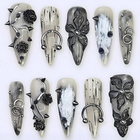 Gothic Press On Nails Long Stiletto Fake Nails with 3D Black Rose, Flower Spikes & Piercing Rhinestones Studs Designs, Reusable Acrylic False Nails for Women Punk Goth Manicure Halloween Party 24Pcs