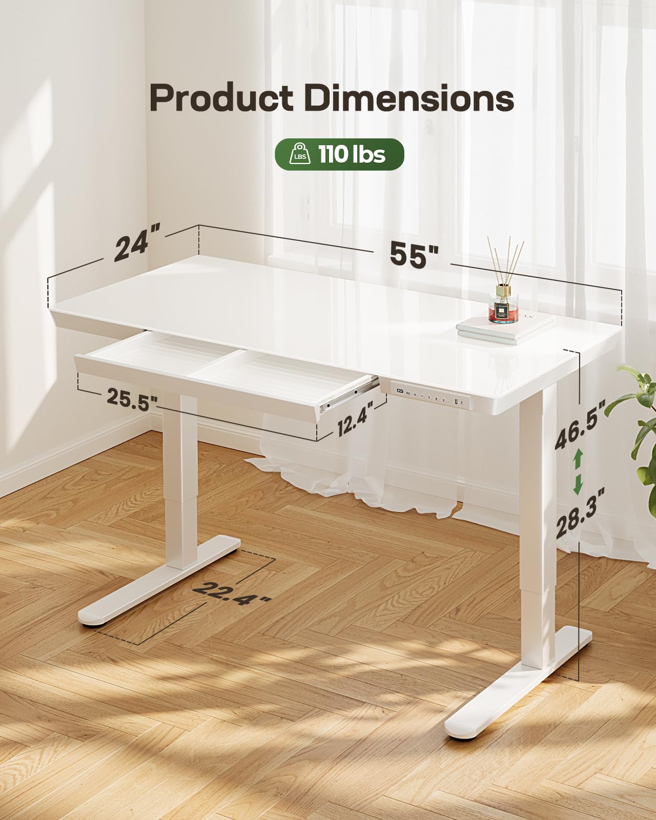 Marsail Glass Standing Desk with Drawer,55 x 28 inch Electric Standing Desk, Adjustable Height Desk with Storage & USB Charging Ports, One-Piece Standing Desk for Home & Office, White