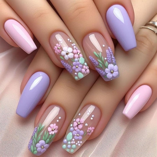 3D Flowers Press on Nails Short Coffin Fake Nails - Purple & Pink Full Cover Acrylic Nails Glossy Full Cover Nails Press ons Summer Stick on Nails for Women 24 Pcs