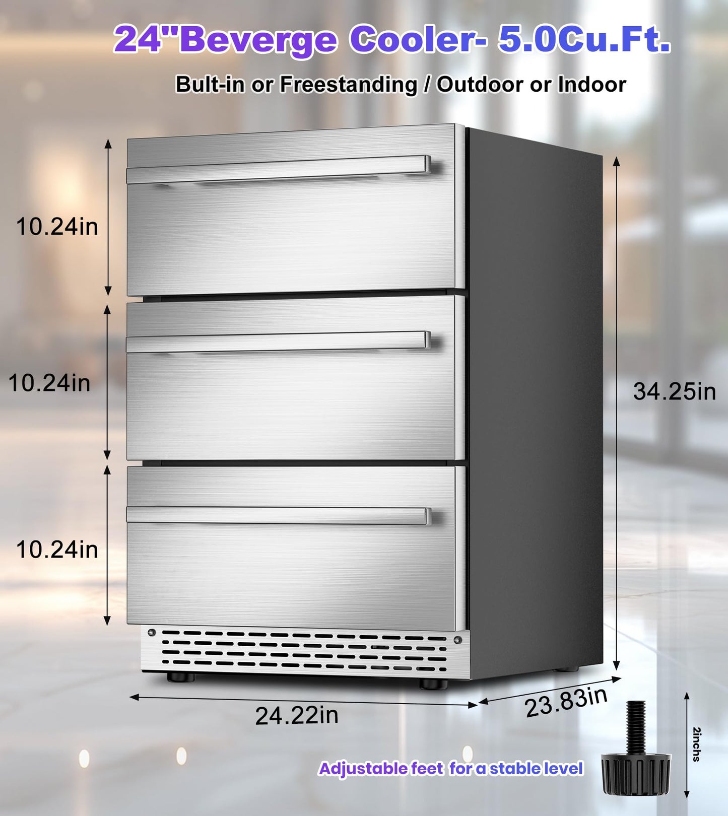 RLPI 3 Drawer Outdoor Beverage Refrigerator Undercounter, Hold 180 Cans 24 inch Weather Proof Stainless Steel Beverage Fridge, Built-in & Freestanding Beverage Cooler Fridge for Soda, Beer, Fruit