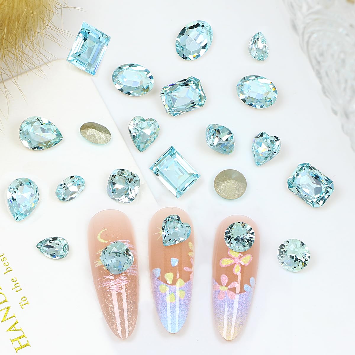 DONGZHOU 72pcs Mix Shape Nail Art Rhinestone,7 Styles Glass Nail Rhinestones Pointback Nail Gems Shiny 3D Nail Charms for Nail DIY Decorations Crafts,Aquamarine