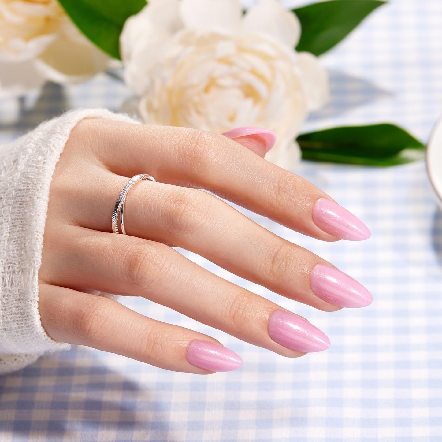 VSALON Press On Nails Short Almond - Pink Shimmer Pearl Fake Nails Kit for Women, Reusable Opaque Spring Summer Glue on Nails with Cuticle Oil - 32 Pcs with 16 Sizes