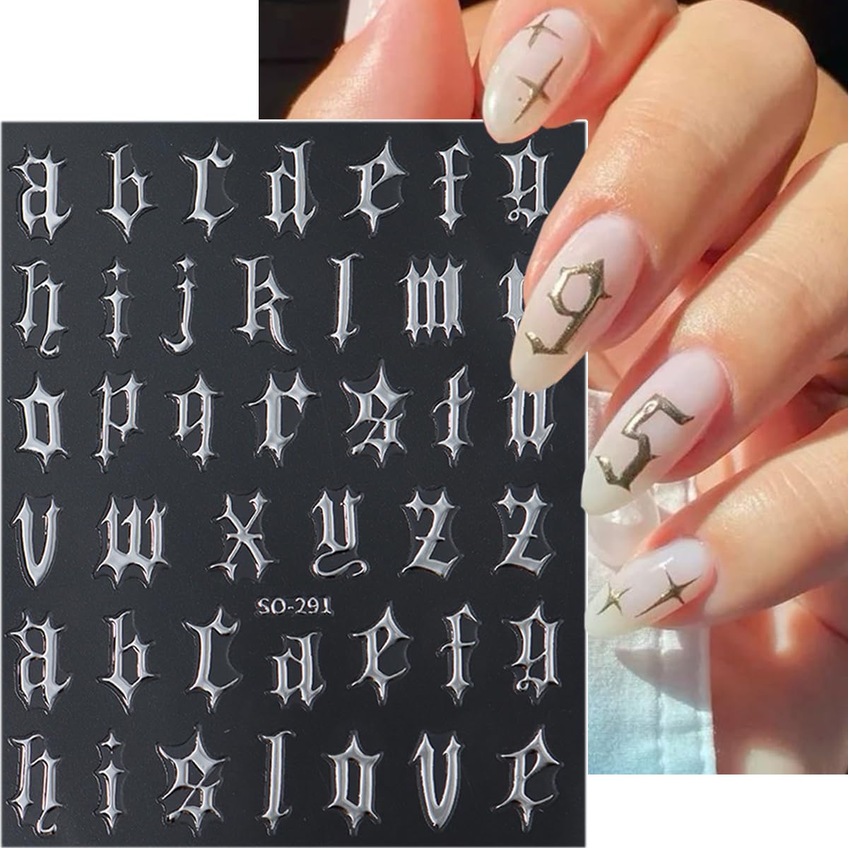 Retro English Letters Nail Stickers 3D Self Adhesive Old English Nail Art Stickers Black White Gold Silver Nails Design Decals Old Alphabet Nail Decorations for Women DIY Nails Supplies 8Sheets