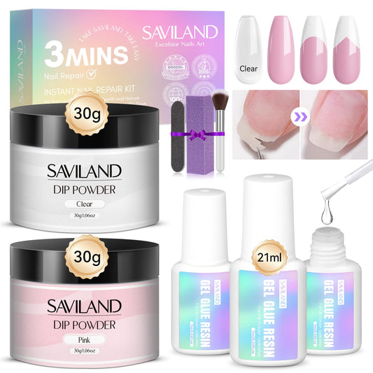 SAVILAND 60g Nail Repair Kit for Split Damaged Nails: 3 Mins Air Dry Quick & Easy Instant Broken Nail Repair Natural Clear & Pink Dip Powder with 21ml Nail Repair Glue Emergency Home & Salon Use