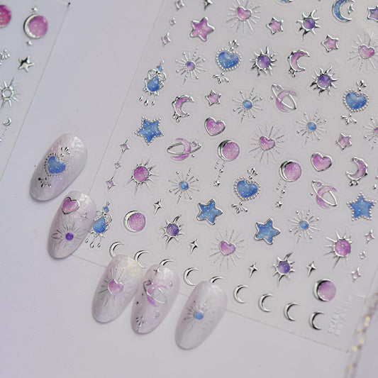 1 Sheet Sun Moon Star Nail Art Stickers 5D Embossed Nail Decals Purple Star Moon Sun Nail Art Stickers Celestial Nail Supplies Galaxy Y2K Silver Star Nail Design for Women DIY Manicure Decoration
