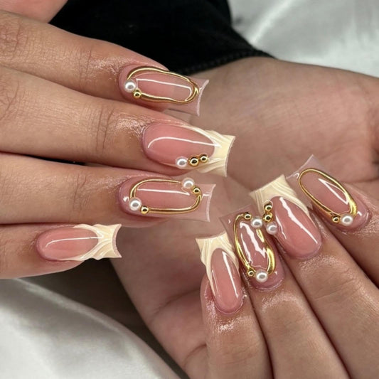 French Tips Press on Nails Medium Square Fake Nails with 5D Gold Lines Charm Design Glossy Pink Yellow Nails Press on Reusable Pearl Rhinestones False Nail Spring Summer Nail for Women Manicure 24Pcs