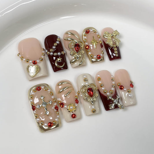 Handmade Press on Nails Medium Square Fake Nails White French Tip with 3D Rhinestone & Heart Designs Luxury Pearl Charm False Nail Full Cover Thickened Acrylic Nails for Women (Size M）