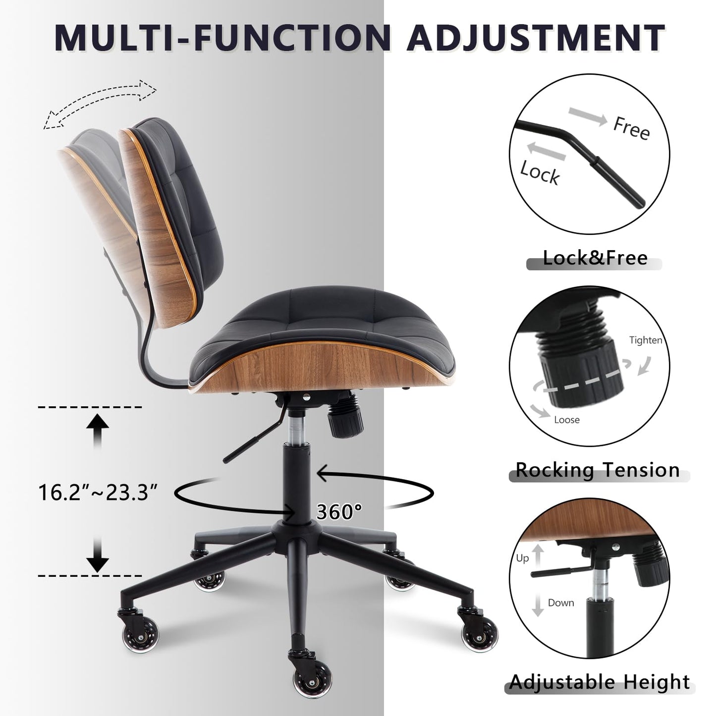 BERYTH Home Office Desk Chair with Wheels, Adjustable Height Armless Office Chair, PU Leather Mid Back 360° Small Computer Chair, Modern Walnut Chair No Arms for Office, Reading Meeting Room(Black)