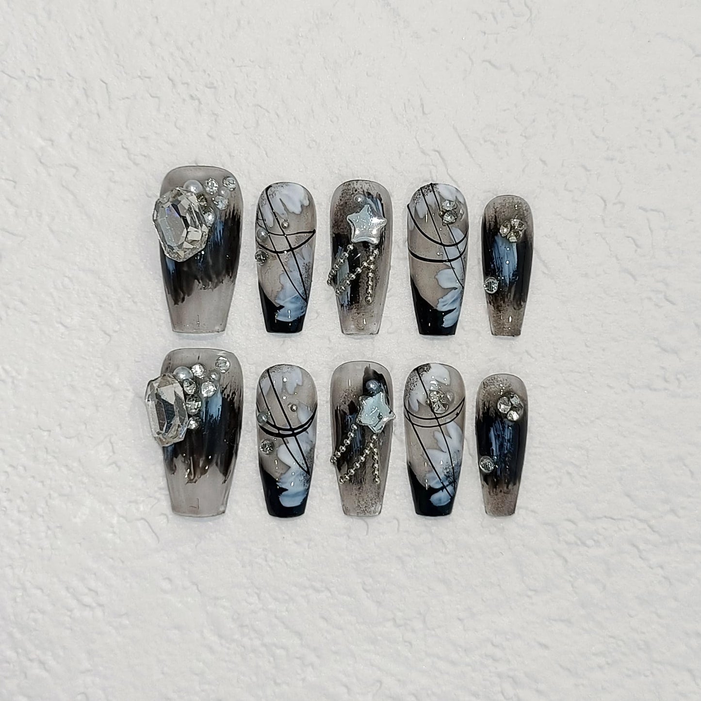 TENPAL 10PCS Gothic Black French Tips Press on Nails Coffin with Tools Kit - Oriental Chain & Crystal Dark Rebel Design- Icy Dark Elegant Chinese Style Fake Nails(M)