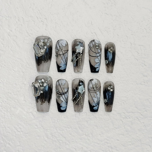 TENPAL 10PCS Gothic Black French Tips Press on Nails Coffin with Tools Kit - Oriental Chain & Crystal Dark Rebel Design- Icy Dark Elegant Chinese Style Fake Nails(M)