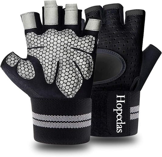 Hopedas Workout Gloves Gym Weight Lifting Gloves with Wrist Wrap Support for Men & Women,Breathable Fingerless Exercise Gloves,for Fitness,Training，Pull ups，Full Palm Protection-Black
