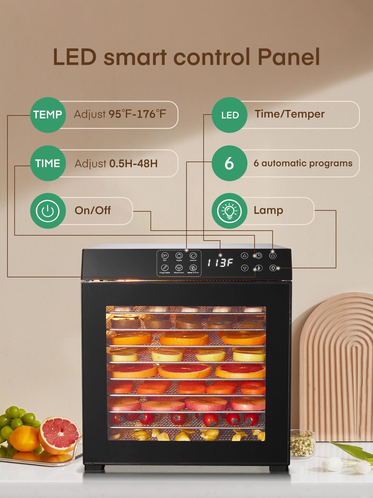 FOHERE Food Dehydrator for Jerky 1000W, 10 Trays With Large 9.04ft² Drying Space,176°F Temperature Control, Digital Adjustable Timer, Light, Dryer Machine for Dog Treats,Herbs, Meat, Fruit, and Yogurt