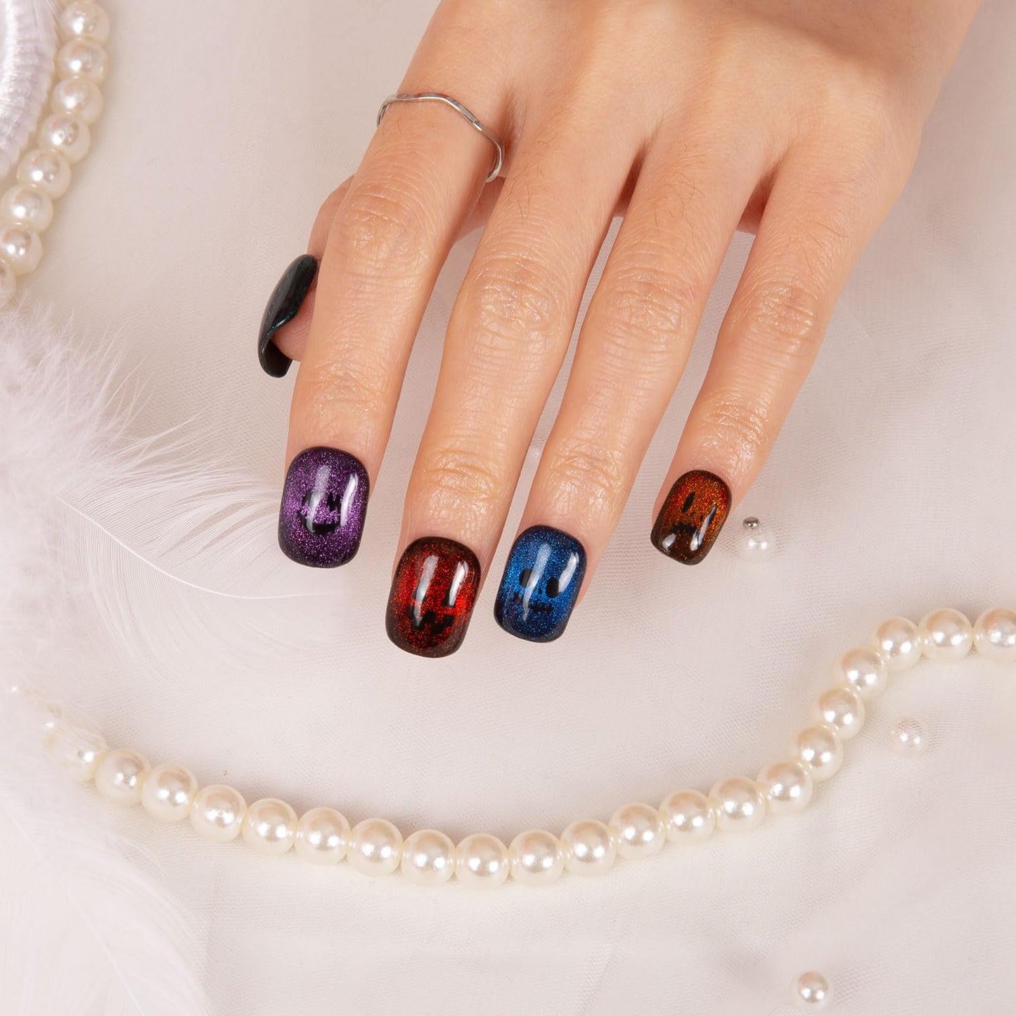 LOVFUL Press on Nails Spectral Jack-o'-lantern| Handmade with Full Covered Crystals | Reusable Fake Nails | Square Short 0.8 in | H336-M