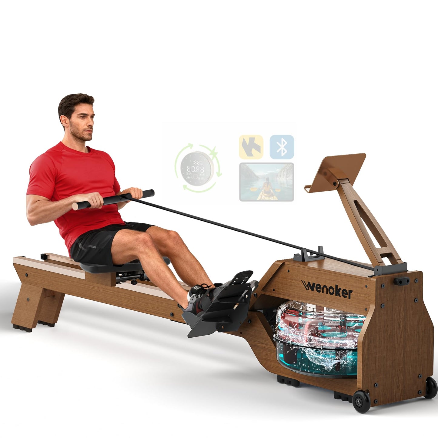 WENOKER Water Rowing Machines for Home Use, Rower Machine with Smart Electronic Knob,Wooden Row Machine with LCD Monitor & Comfortable Seat, Bluetooth App Compatible for Home Gym Exercise 350 LBS